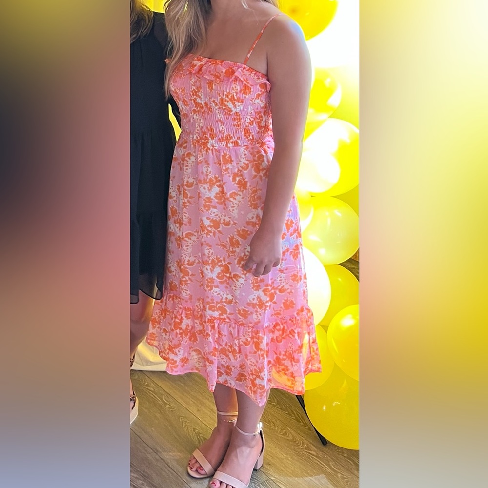 Smocked pink orange midi dress with ruffles small Sienna Sky